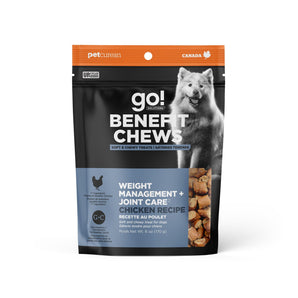 Gâteries tendres pour chiens PETCUREAN GO! BENEFITS CHEWS. Formule Contrôle du poids + Articulations. Recette au poulet. 170 g.