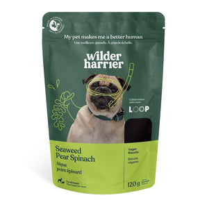 Gâteries véganes WILDER HARRIER pour chiens. Saveur de wakame, poire et épinards. 120 g.