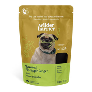 Gâteries véganes WILDER HARRIER pour chiens. Saveur de wakame, ananas et gingembre. 120 g.