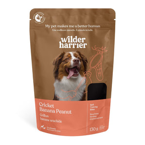 Gâteries tendres à base de grillons WILDER HARRIER pour chiens. Saveur de bananes et arachides. 130 g.