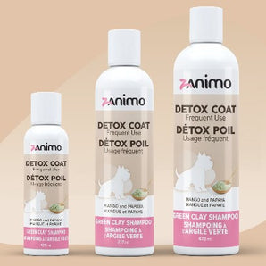 Shampoing ZANIMO DETOX-POILS pour chiens et chats - Formule à l'argile verte, papaye et mangue. Choix de formats.