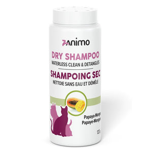 Zanimo SHAMPOING SEC - Nettoyant et démêlant - PAPAYE et MANGUE. Pour chiens et chats. 150g