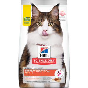 Hill's Science Diet adult dry cat food. Digestive care formula. Chicken protein. Choice of formats.