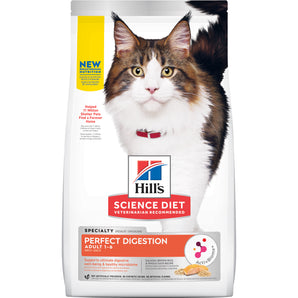 Hill's Science Diet adult dry cat food. Digestive care formula. Salmon protein. Choice of formats.