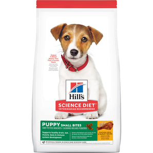 Hill's Science Diet dry puppy food. Chicken meal. Small bites. Choice of formats.