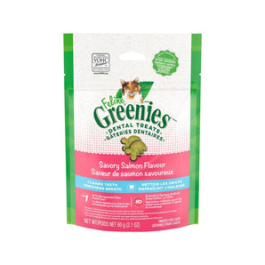 Complete dental treats for Greenies felines. Salmon flavor. Choice of formats.