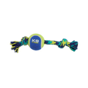 K9 Fitness Zeus toy, knotted rope bone with tennis ball.