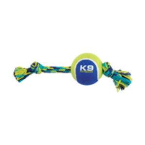 K9 Fitness Zeus toy, knotted rope bone with tennis ball.