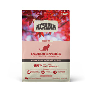 Acana Indoor Entree dry food for indoor adult cats. Skin and coat formula. Chicken meal. Choice of formats.