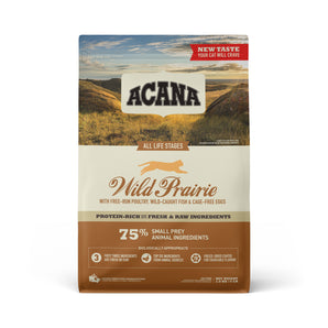 Acana Wild Prairie dry cat food. Chicken and turkey meal. Choice of formats.