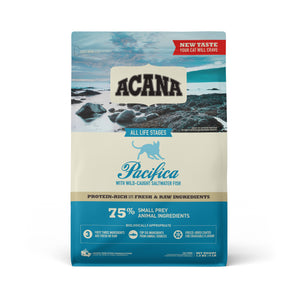 Acana Pacifica dry cat food. Skin and coat formula. Meal of Pacific herring and mackerel. Choice of formats.