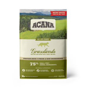Acana Pastures (Grasslands) dry cat food. Chicken meal. Choice of formats.