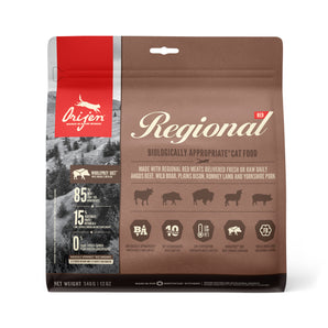 Orijen Regional Red dry cat food. Recipe for Angus beef, wild boar and plains bison. Choice of formats.
