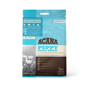 Acana Heritage Puppy Small dry puppy food. Grain-free formula. Chicken and greens meal. Choice of formats.