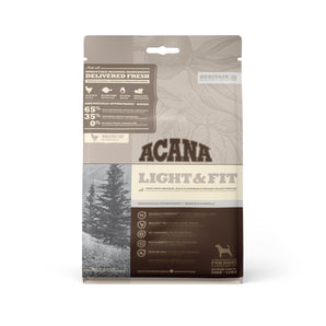 Acana Heritage Light &amp; Fit dry dog ​​food. Grain-free formula. Weight control. Chicken and greens meal. Size choice