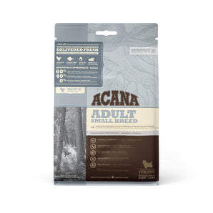 Acana Heritage small breed adult dog dry food. Grain-free formula. Chicken and greens meal. Choice of formats.
