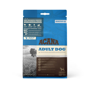 Acana Heritage dry food for adult dogs. Grain-free formula. Chicken and greens meal. Choice of formats.