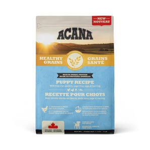 Acana Grains Healthy puppy food. Recipe with poultry, eggs and herring.
