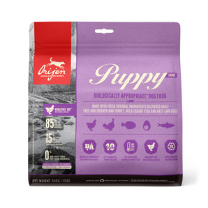 Orijen Large Breed Puppy Dry Food. Recipe for poultry, fish, organs, cartilage and bones. Choice of formats.