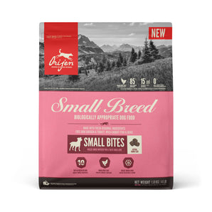 Orijen small breed dog food. Small bites. Recipe for poultry, wild fish and eggs. Choice of formats.