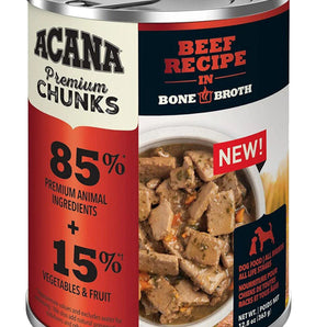 Nourriture humide ACANA Premium pour chiens. Recette au bœuf avec bouillon d’os.
