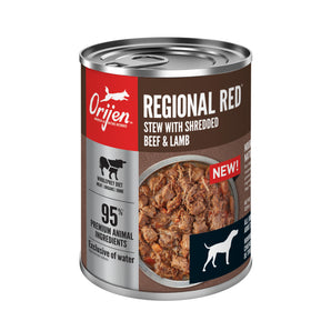 Nourriture humide ORIJEN pour chiens. Recette ragoût régional rouge.