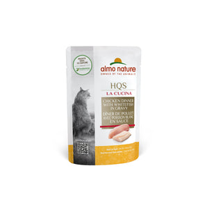 Wet food in pouch for cats ALMO NATURE HQS LA CUCINA. Recipe for chicken and fish in sauce. 55 g.