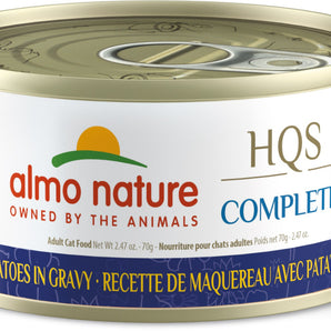 Wet food for cats ALMO NATURE HQS COMPLETE. Recipe for mackerel and sweet potato in sauce. Choice of formats.