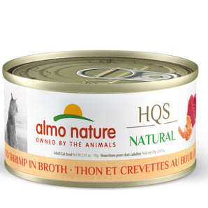 Wet food for cats ALMO NATURE HQS NATURAL. Recipe for tuna and prawns in broth. 70gr.