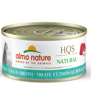Wet food for cats ALMO NATURE HQS NATURAL. Recipe for trout and tuna in broth. 70gr.