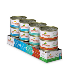 Wet food for cats ALMO NATURE HQS NATURAL. Varied recipes 02. Trout.Thon. Shrimps and Chicken. Mackerel. Pack of 12 x 70gr.