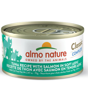 Nourriture humide pour chats ALMO CLASSIC COMPLETE. Recette de thon avec saumon en tendre aspic. 70gr.
