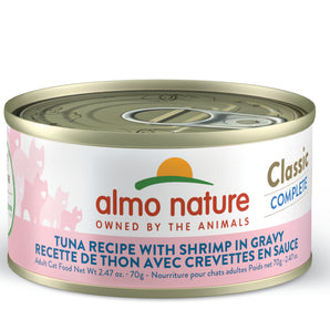 Nourriture humide pour chats ALMO CLASSIC COMPLETE. Recette de thon avec crevettes en sauce. 70gr.