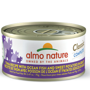 Nourriture humide pour chats ALMO CLASSIC COMPLETE. Recette de thon avec poisson de l'océan et patates douces en sauce. 70gr.