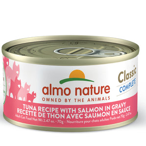 Nourriture humide pour chats ALMO CLASSIC COMPLETE. Recette de thon avec saumon en sauce. 70gr.