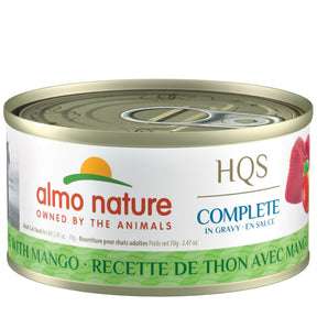 Wet food for cats ALMO NATURE HQS COMPLETE. Recipe of tuna and mango in sauce. 70 gr.