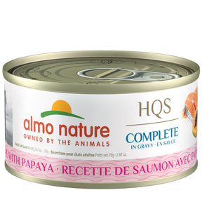 Nourriture humide pour chats ALMO NATURE HQS COMPLETE. Recette de saumon et papaye en sauce. 70 gr.