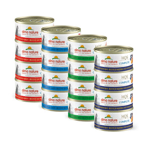 Wet food for cats ALMO NATURE HQS COMPLETE. Varied recipes. Mackerel. Chicken. Tuna. Pack of 12 x 70gr.