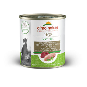 Wet food for dogs ALMO NATURE HQS COMPLETE. Chicken and tuna starter recipe with vegetables. 280gr.