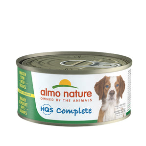 Nourriture humide pour chiens ALMO NATURE HQS COMPLETE. Ragoût de poulet avec patates et pois verts. 156gr.