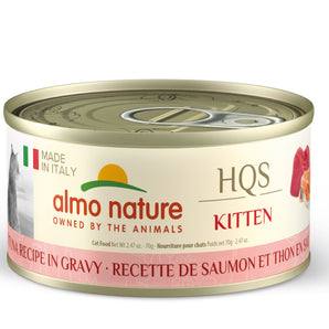 Nourriture humide pour chatons ALMO HQS KITTEN. Recette de saumon et thon en sauce. 70gr.