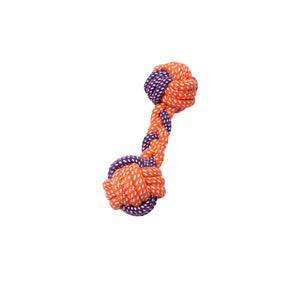Toy for dogs. 8'' braided dumbbell rope from Bud'z. Orange and purple.