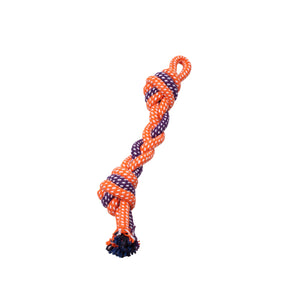 Jouet pour chiens. Corde de 11.5'' orange et mauve tressée avec 2 noeuds de Bud'z.