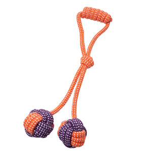 Toy for dogs. 15.5'' orange and purple rope from Bud'z. Double touline knob with handle.