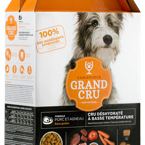 Canisource Grand Cru gourmet dehydrated dog food. Pork and lamb meal. Format choice.