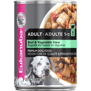 Nourriture ne conserve pour chiens adultes Eukanuba. Ragoût nourrissant de boeuf et legumes en sauce. 354g