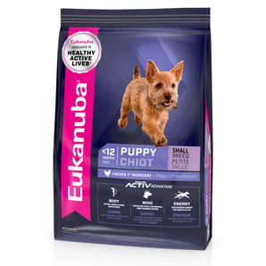 Eukanuba dry food for small breed puppies. Chicken meal.
