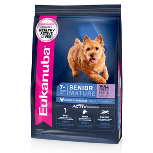 Eukanuba dry food for senior small dogs. Chicken meal. Format choice.
