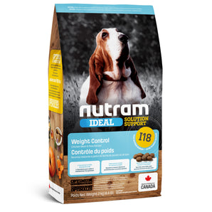Nutram I18 Ideal Solution Support dog food. Weight control formula. Chicken and peas. Format choice.