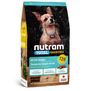 Food for small dogs and miniature breeds T28 Nutram Total grain free. Salmon and trout. Format choice.